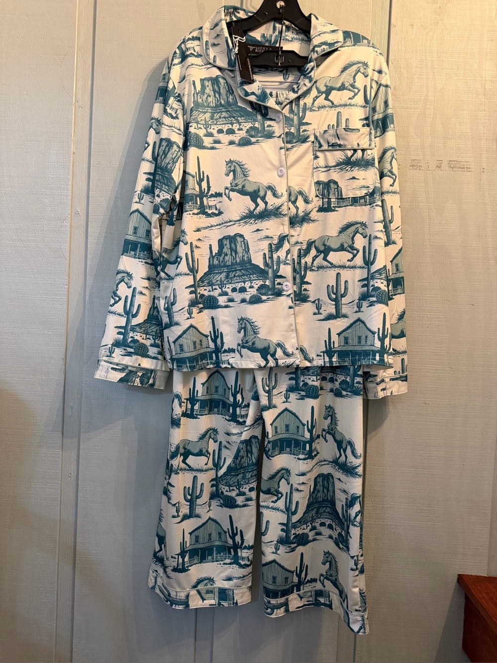 Lucky and Blessed Women’s White and Teal Western Horse Pajama Set